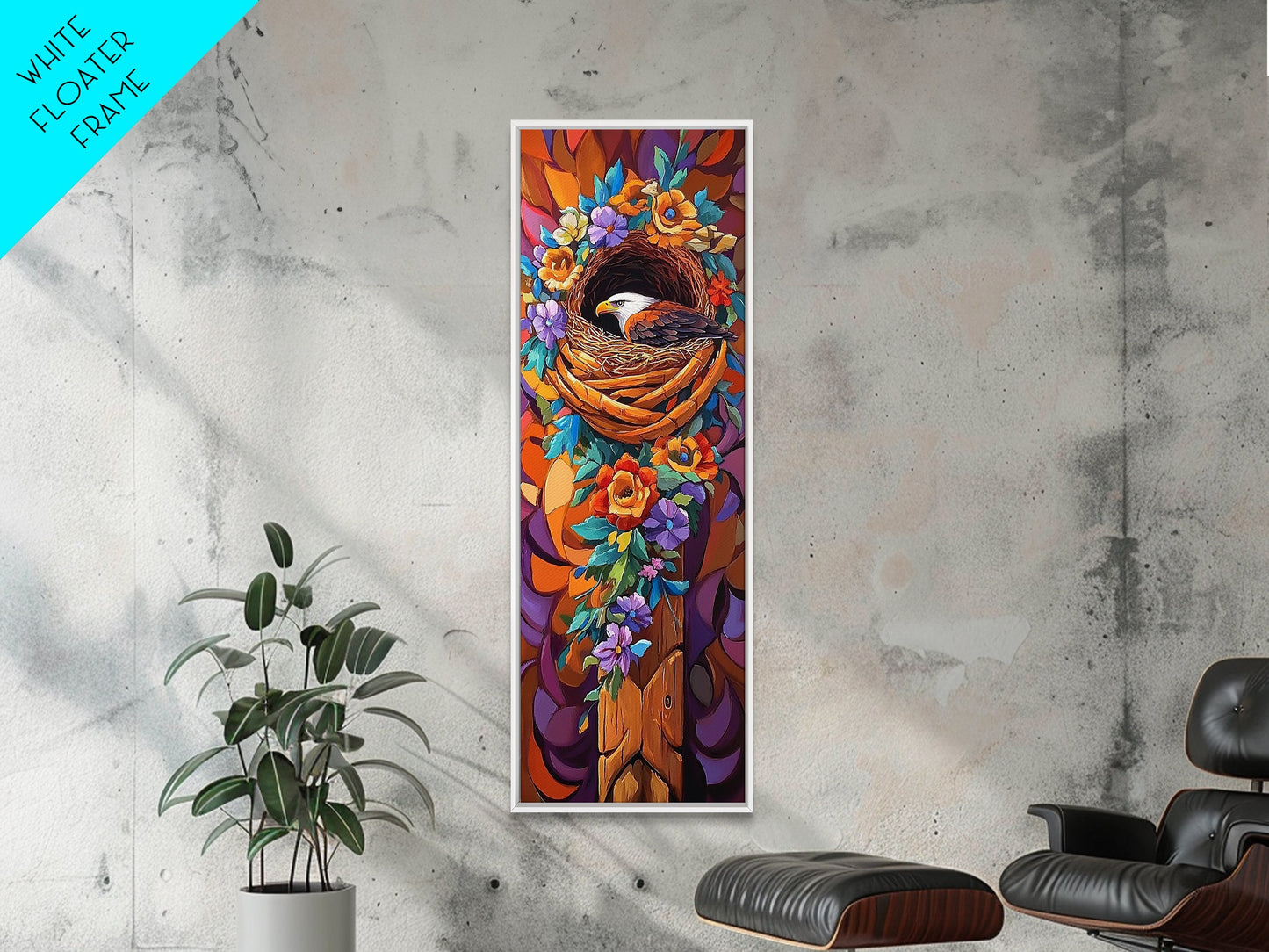 Eagle Nest, Floral Wreath, Nature Watch, Framed Canvas Print, patriotic wildlife wall art, rustic boho decor, cabin or lodge nature artwork