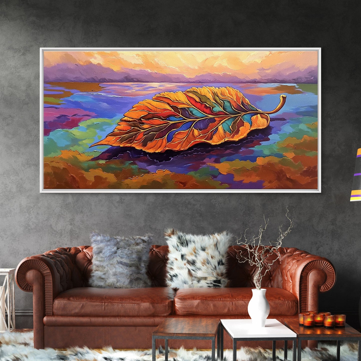 Leaf Autumn, Abstract, Abstract multicolor leaf on vibrant landscape background, Framed Canvas Print, Fall seasonal art, leaf print