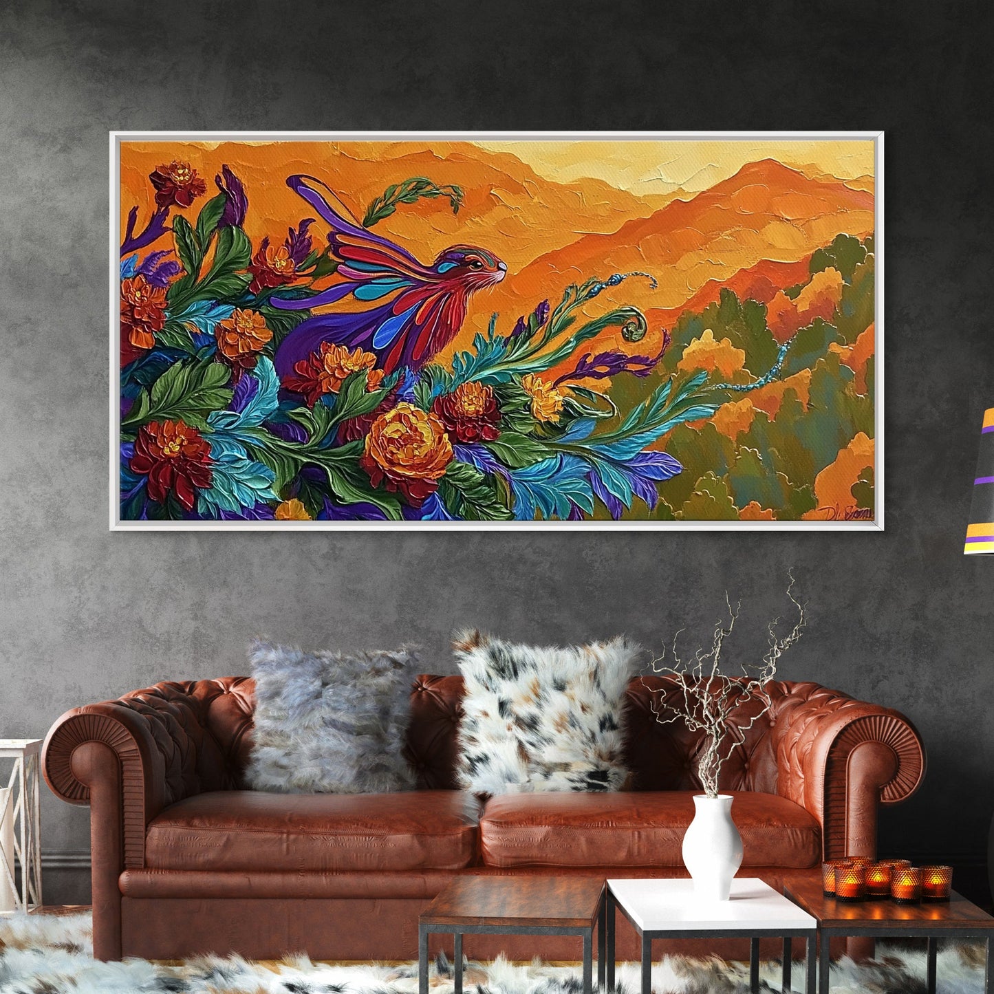 Rabbit Flowers, Fantasy, Autumn, Framed Canvas Print, Whimsical Fall Wall Art, Nursery Decor, Woodland Animal Art, Boho Autumn Style