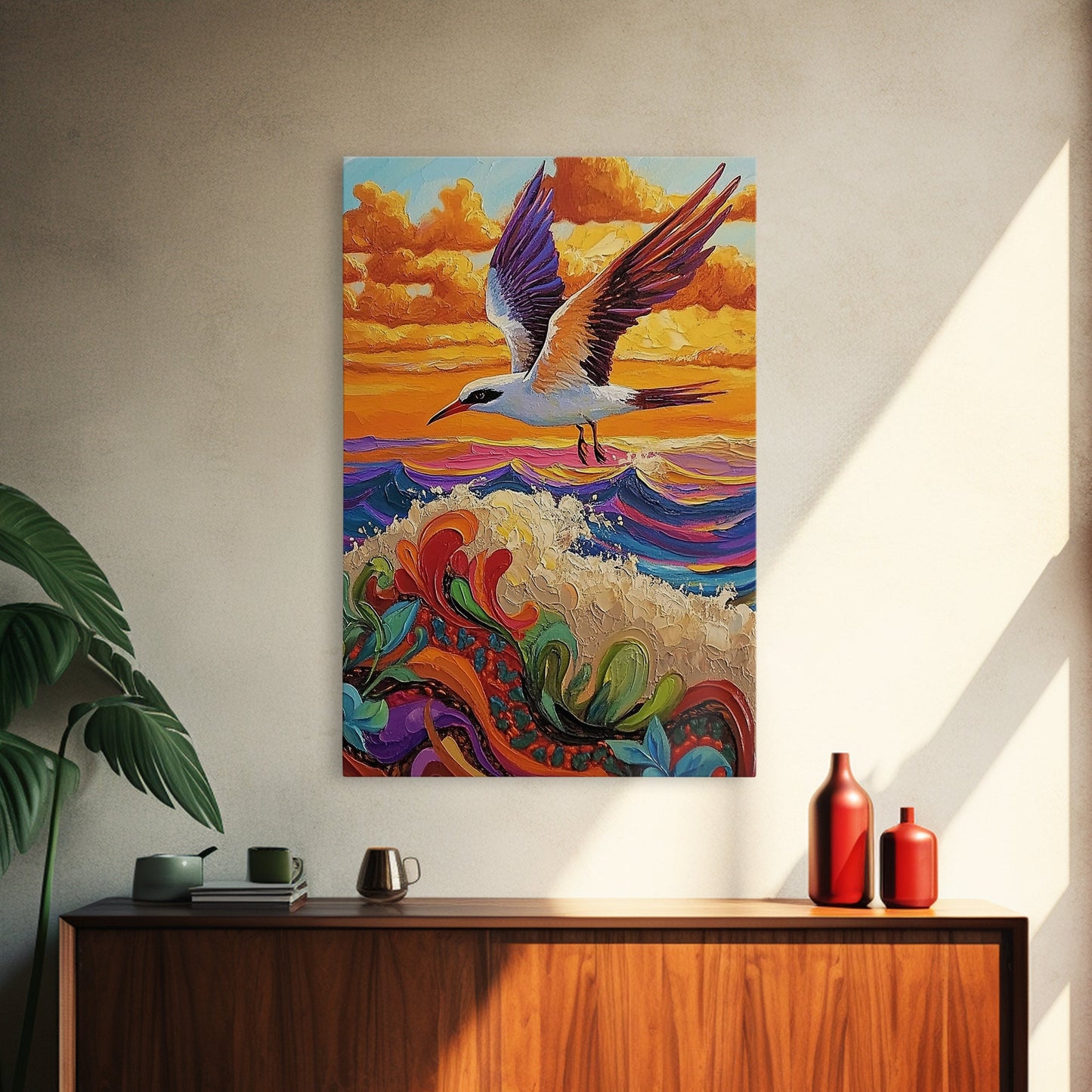 Flying Bird Sunset, Colorful Ocean Waves, Tropical Wildlife Art, Canvas Print, Boho Nature Decor, Fall Wall Accent, Vibrant Scene