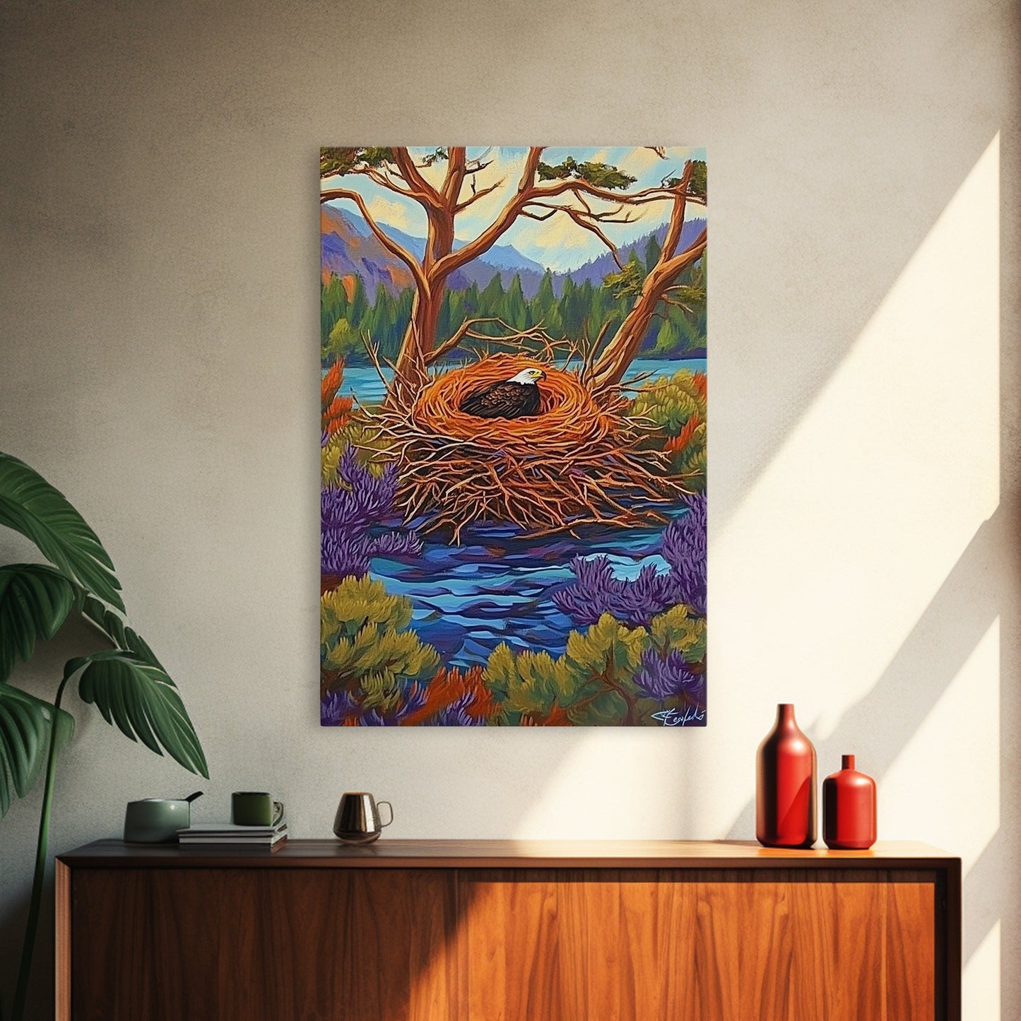 Eagle Nest, Forest, Lake, Canvas Print, rustic wildlife art, bald eagle decor, nature lodge wall art, cozy cabin Living Room theme