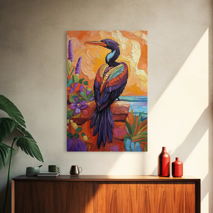Bird, Tropical, Nature, Colorful, Framed Canvas Print, Exotic bird painting with vivid feathers, ideal eclectic living room wall art