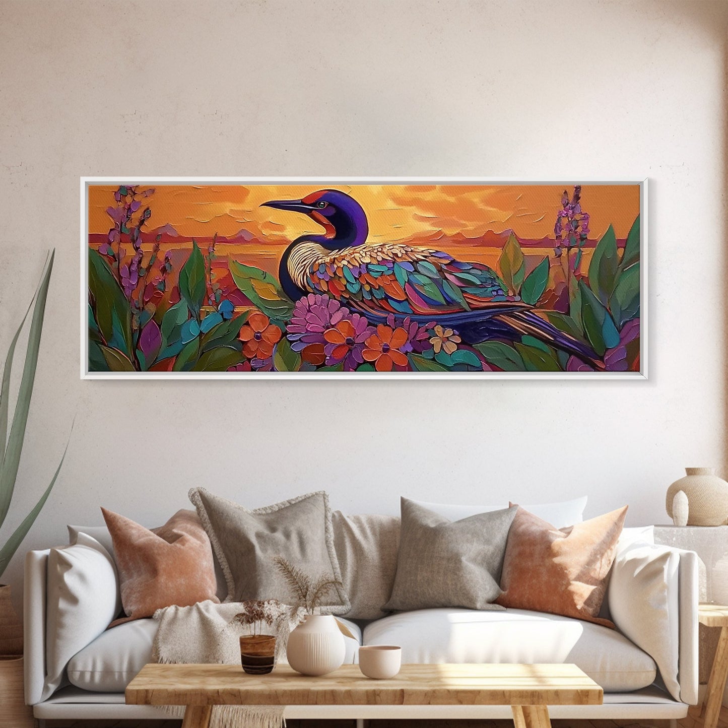 Sunset Bird, Floral Loon, Vibrant Nature, Colorful Wildlife, Canvas Print, cabin wall art, rustic boho art, birdwatcher gift
