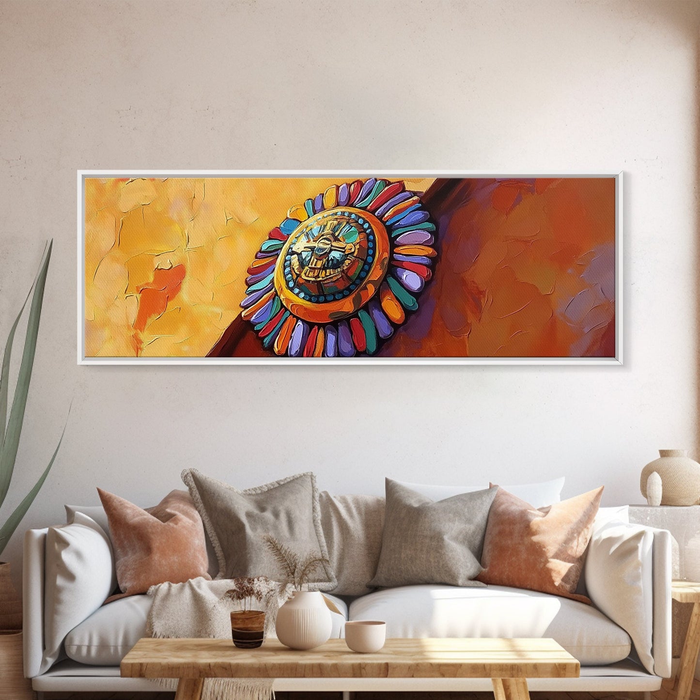 Aztec Sun Symbol, Bold Tribal Accent, Southwest Vibe Art, Native Motif Wall, Framed Canvas Print, Entryway Ethnic Boho Decor