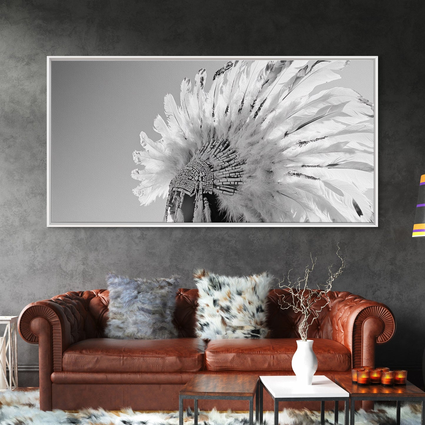 Native Headdress, Feather Crown, Cultural Tribute, Canvas Print, Boho Tribal Decor, Bedroom Wall Art, Monochrome Indigenous Style