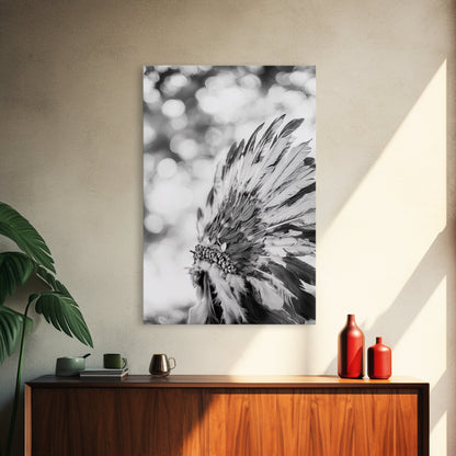 Feather Headdress, Native Style, Tribal Detail, Canvas Print, Boho Wall Decor, Cultural Art, Bedroom Accent, Earthy Minimalism