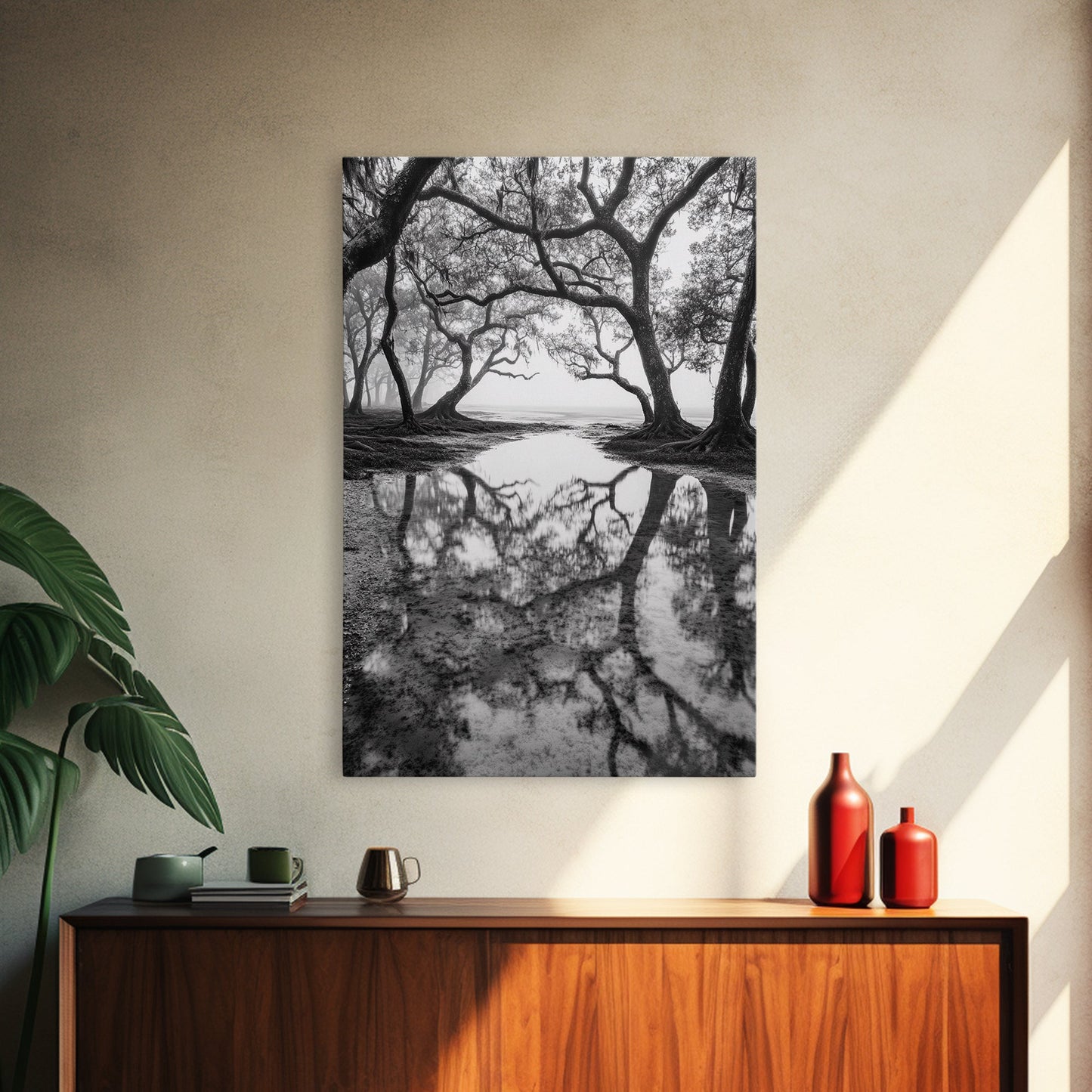 Misty Forest Trees, Reflection Photography, Nature Landscape, Canvas Print, Neutral Tones, Bedroom Wall Decor, Moody Autumn Forest Art