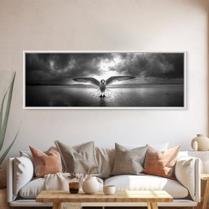 Winged Bird Beach, Coastal Sunrise, Dramatic Flight, Canvas Print, Beach House Decor, Living Room Wall Art, Nature Photography