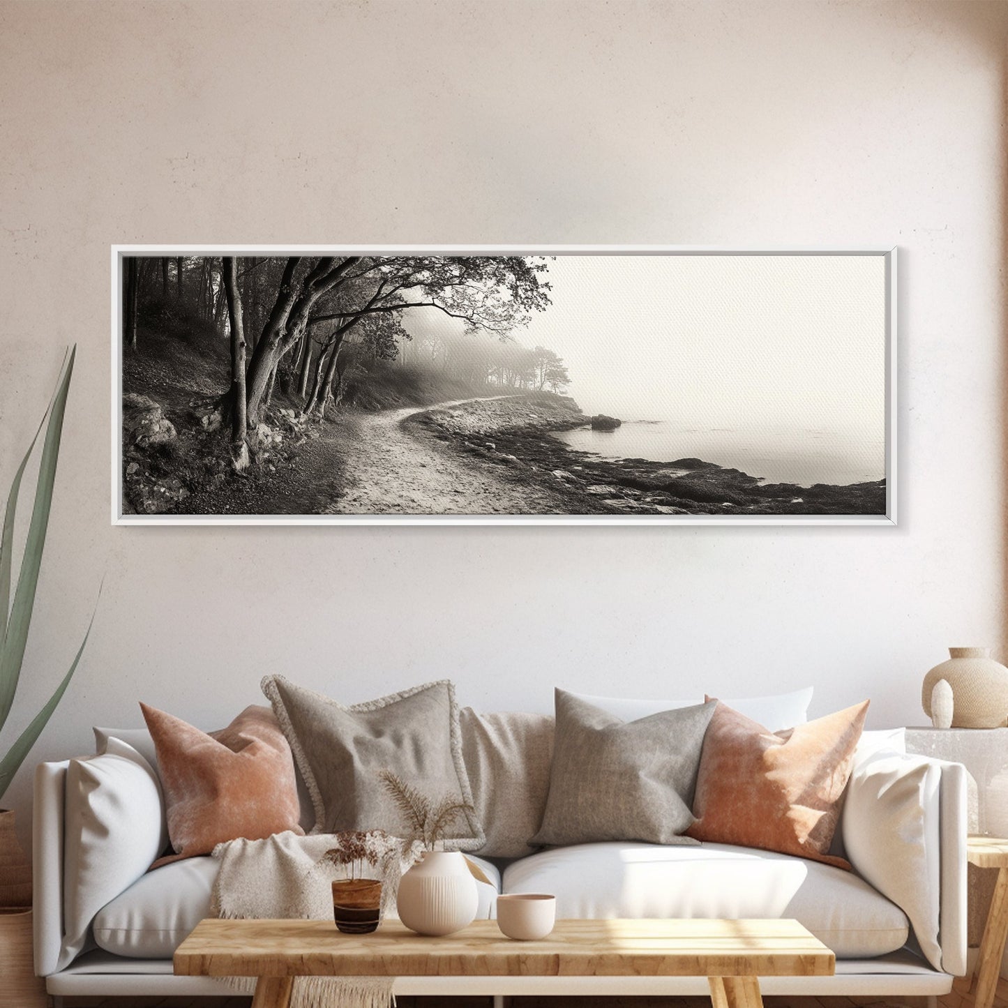 Forest Path, Misty Woods, Quiet Trail, Coastal Fog, Framed Canvas Print, Scandinavian Decor, Entryway Art, Minimal Nature Photography