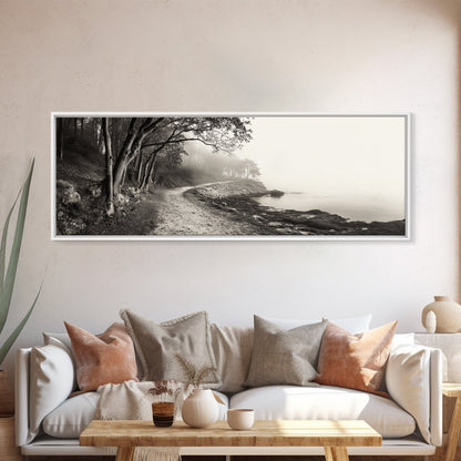 Forest Path, Misty Woods, Quiet Trail, Coastal Fog, Framed Canvas Print, Scandinavian Decor, Entryway Art, Minimal Nature Photography