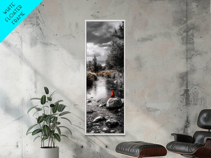 Red Cardinal, River Print, Nature Wildlife Art, Peaceful Landscape, Canvas Print, Rustic Living Room Decor, Autumn Wall Art, Forest Bird