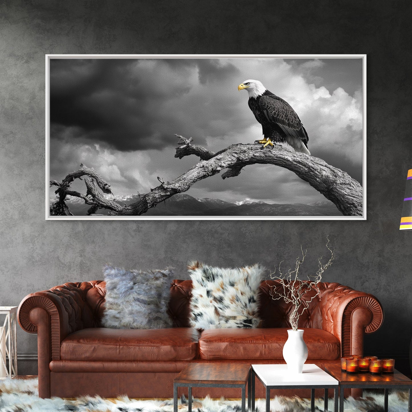 Eagle, Branch, Storm, Power and grace collide in this Framed Canvas Print of a majestic eagle perched before a storm, Living Room Wall Art