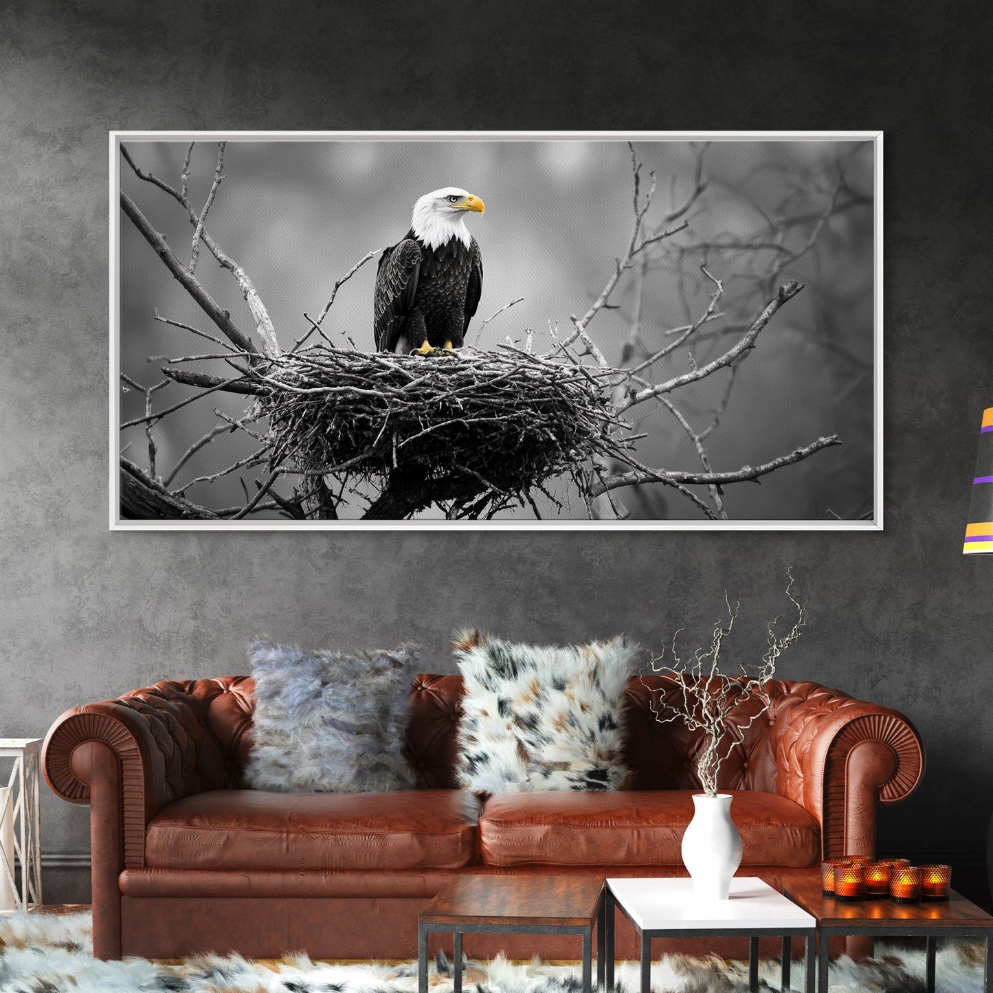 Bald Eagle, Monochrome Nature, Wildlife Photography, Fierce Majesty, Framed Canvas Print, Office Wall Art, Black White Bold Bird Scene