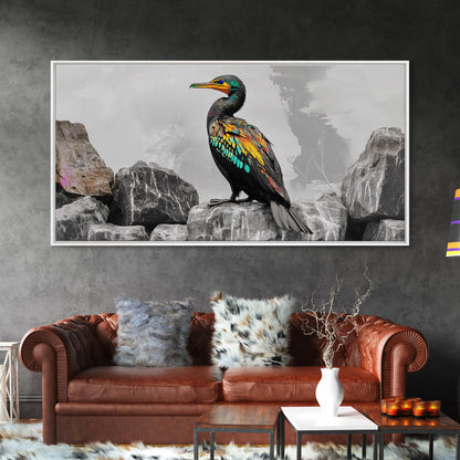 Vibrant Sea Bird, Colorful Wildlife Perch, Artistic Bird Feathers, Framed Canvas Print, Nature Wall Art, Office Decor, Boho Animal Style