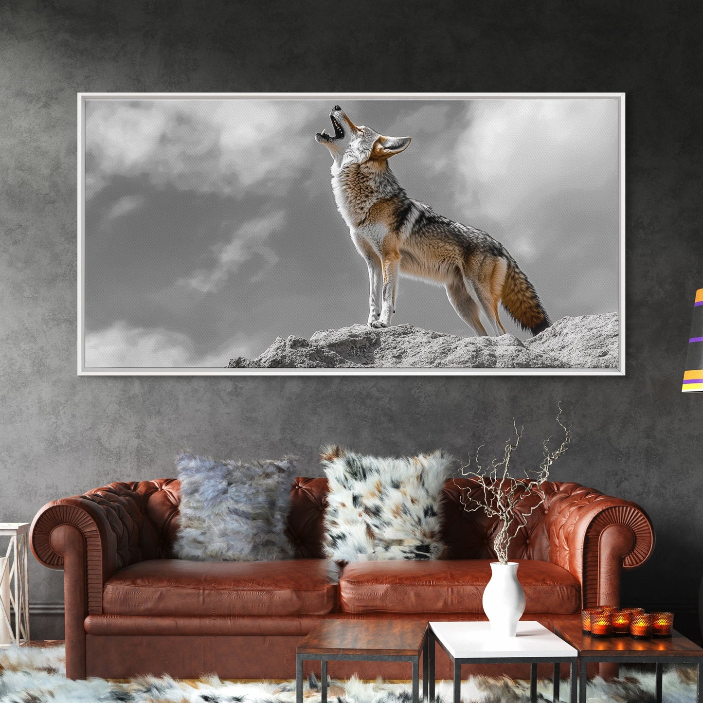 Howling Coyote Peak, Desert Wildlife Portrait, Majestic Animal Scene, Framed Canvas Print, Cabin Decor, Nature Wall Art, Minimalist Vibe