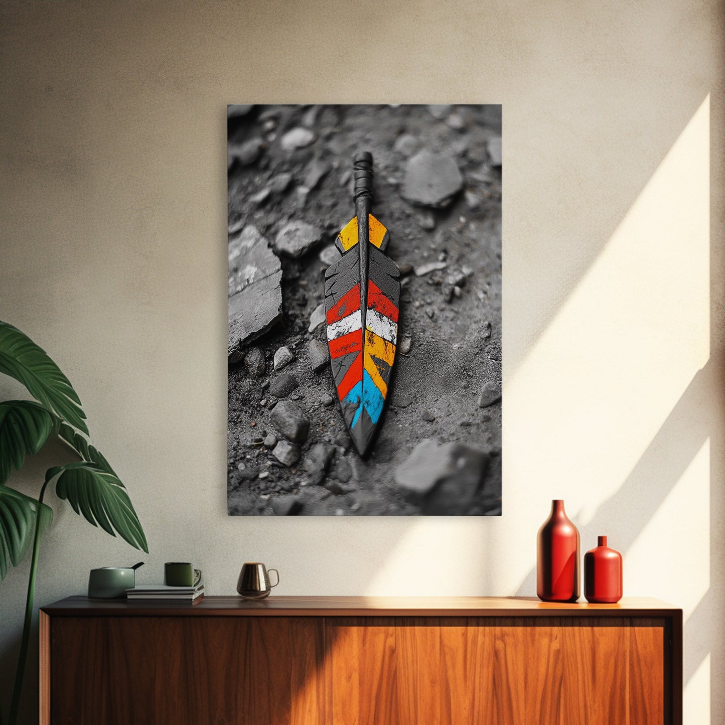 Tribal Feather, Painted Arrow, Rustic Stone Ground, Canvas Print, Boho Wall Art, Native Inspired Decor, Color Pop Rustic Style