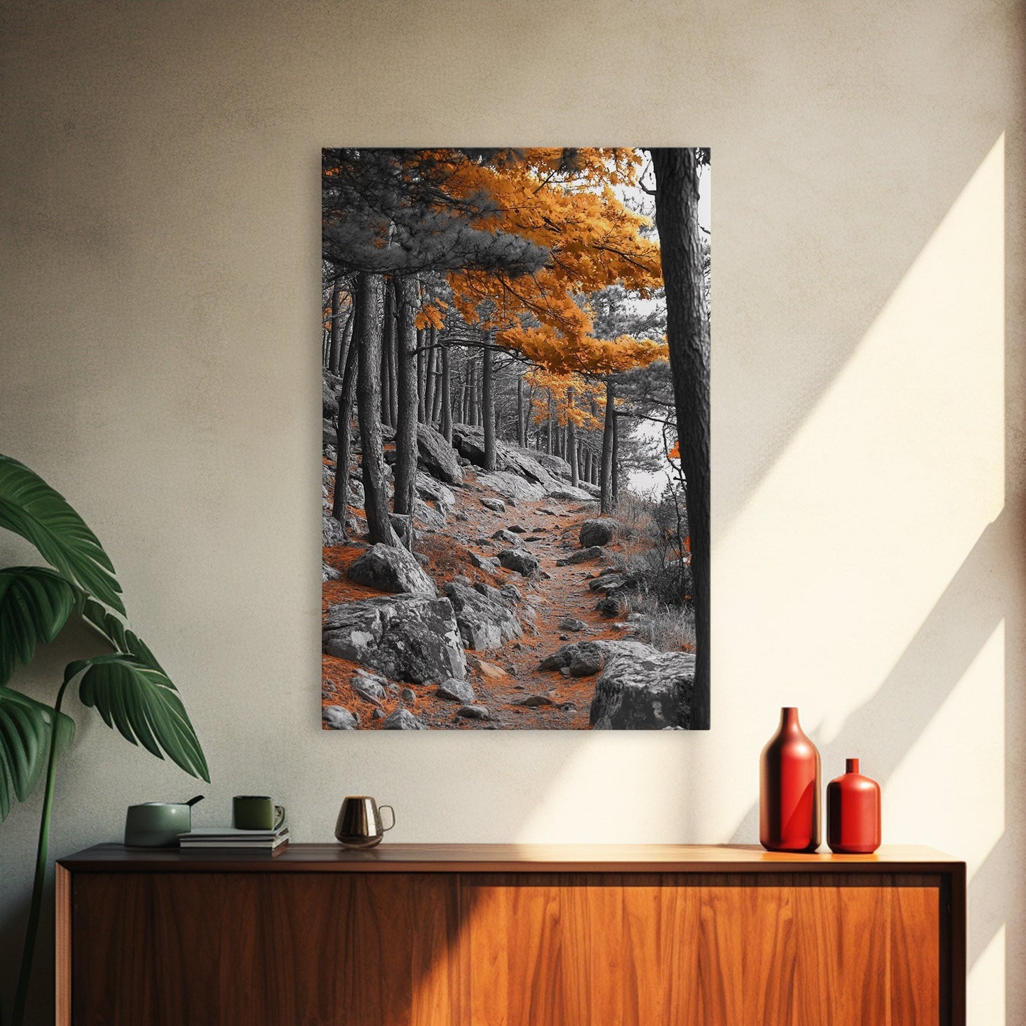 Autumn Forest Path, Orange Leaves, Rocky Woods Trail, Tranquil Nature, Framed Canvas Print, Fall Decor, Cabin Wall Art, Rustic Style