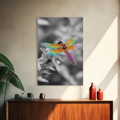 Rainbow Dragonfly, Vibrant Bug, Botanical Contrast, Framed Canvas Print, Nature Inspired Art, Bedroom Wall Decor, Whimsical Garden Accent