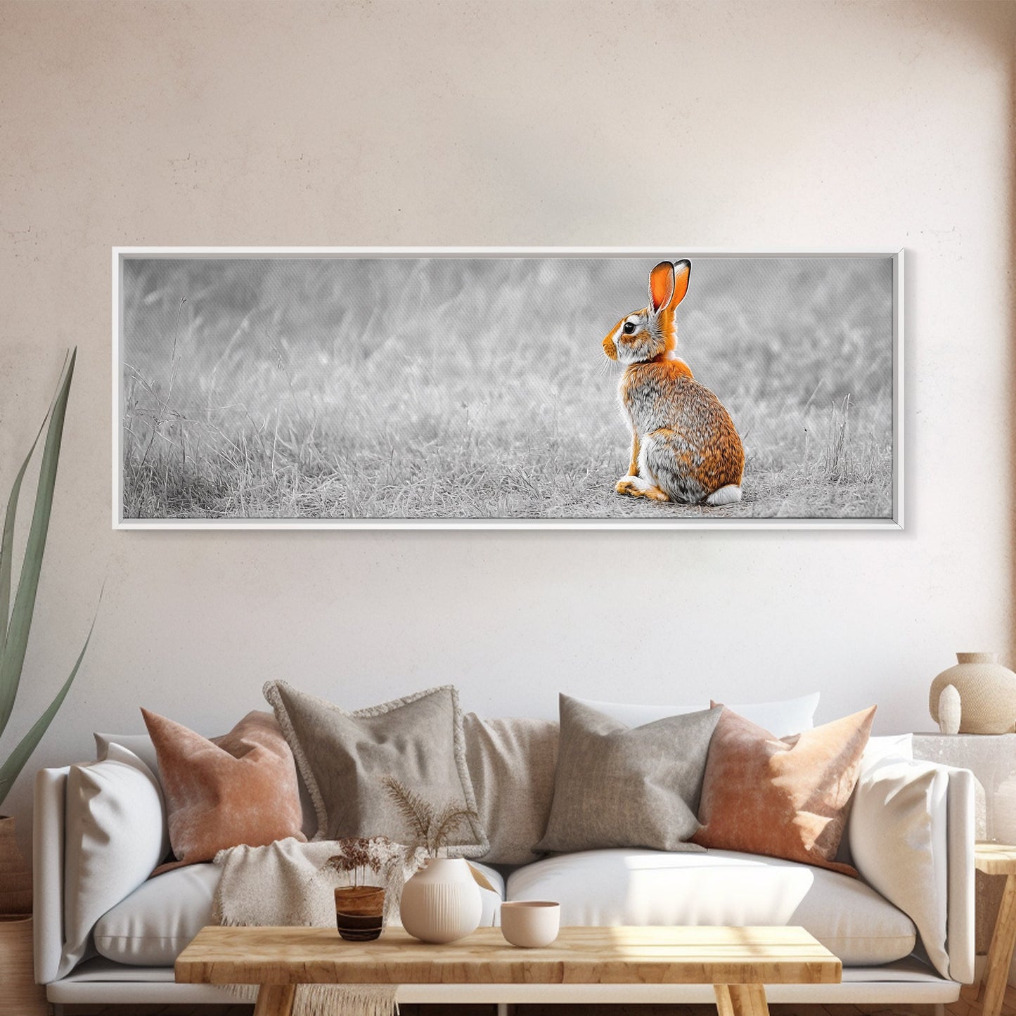 Orange Rabbit, Grass Field, Whimsical Nature, Framed Canvas Print, kids room wall art, nursery animal print, neutral nursery, woodland boho