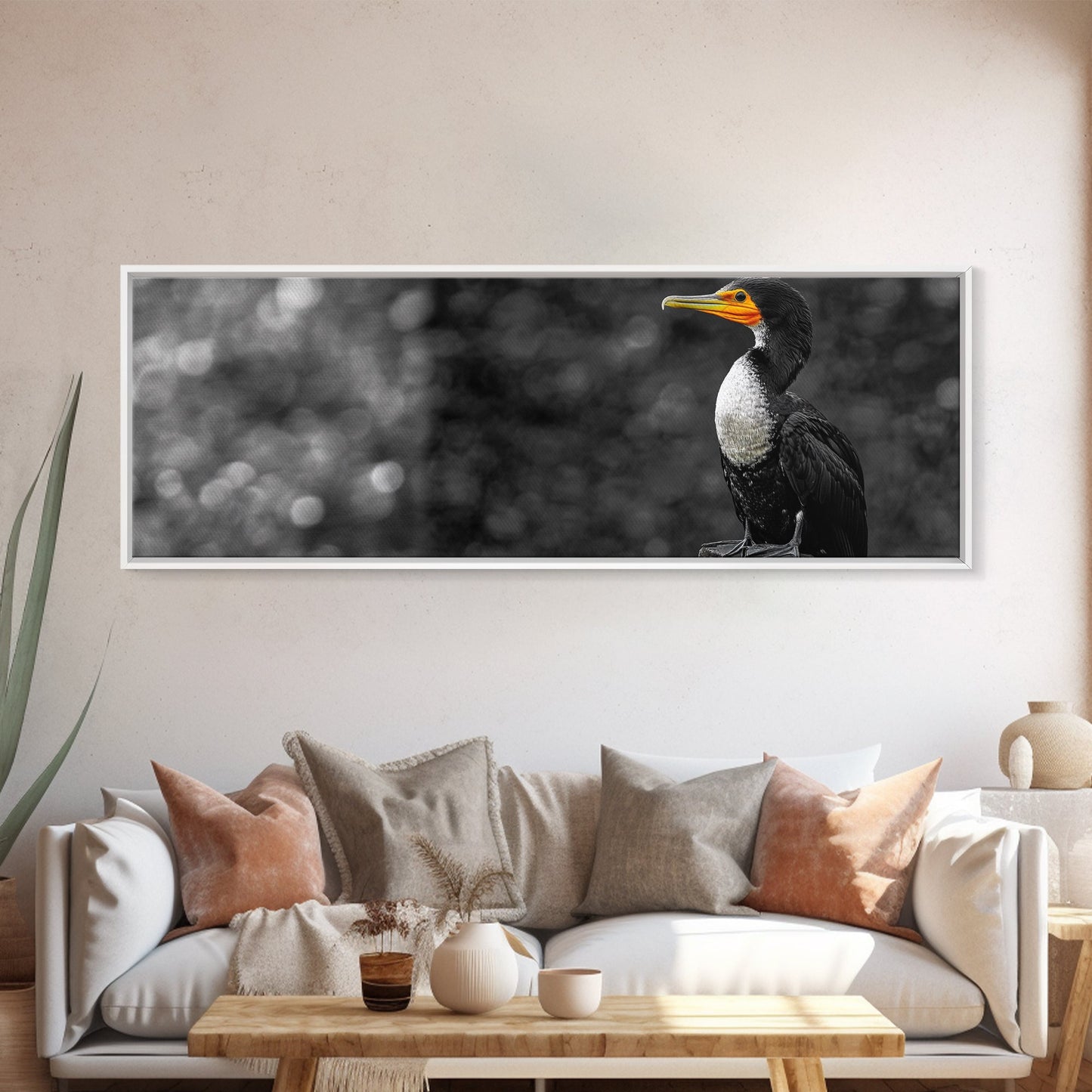 Black White Bird, Orange Beak Detail, Minimal Nature Portrait, Framed Canvas Print, Rustic Wall Art, Study or Cabin Decor