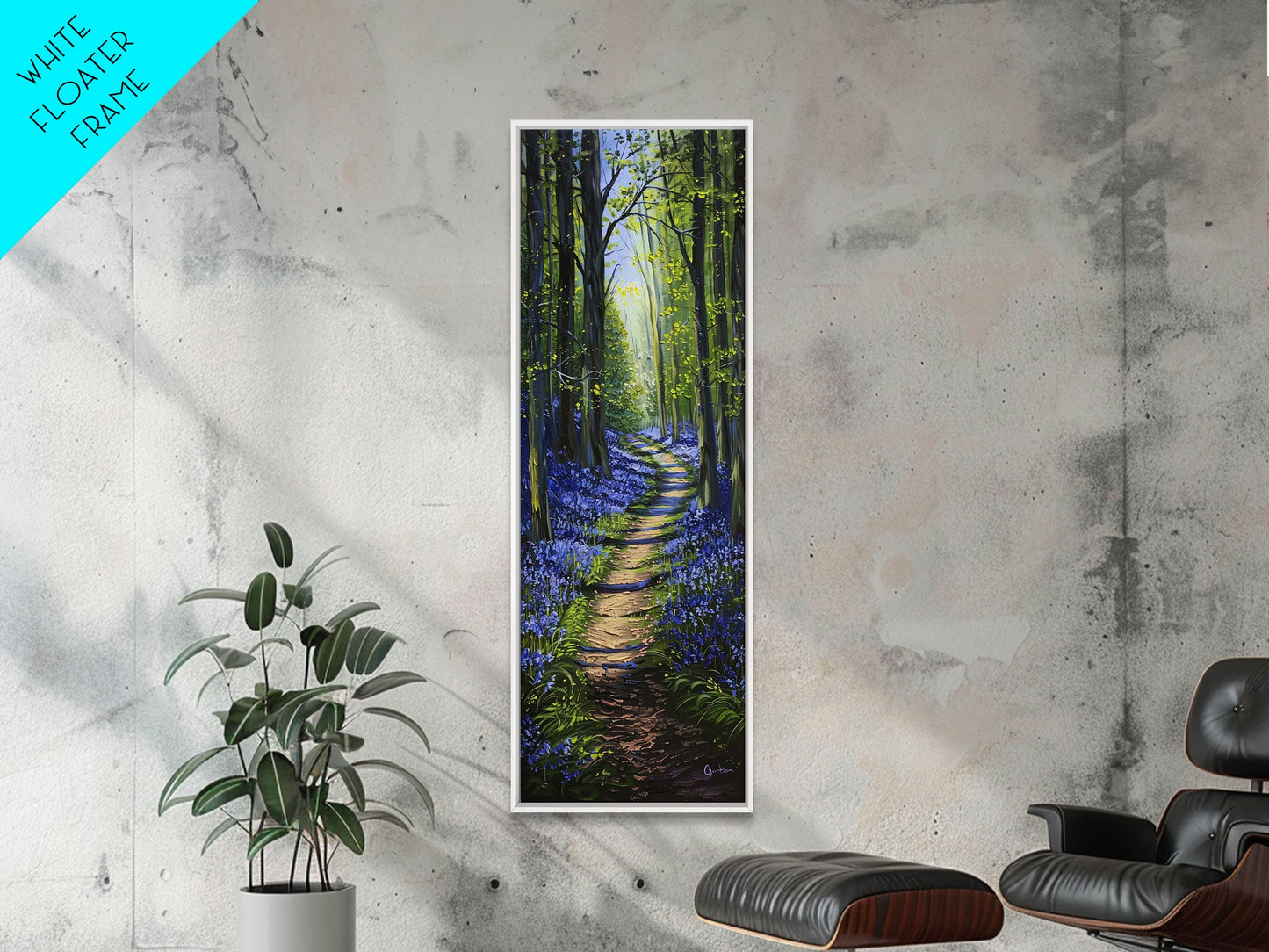 Pathway Through Enchanting Bluebell Woods in Tall Skinny Art Framed Canvas Print for Peaceful Wall Decor and Interior Design