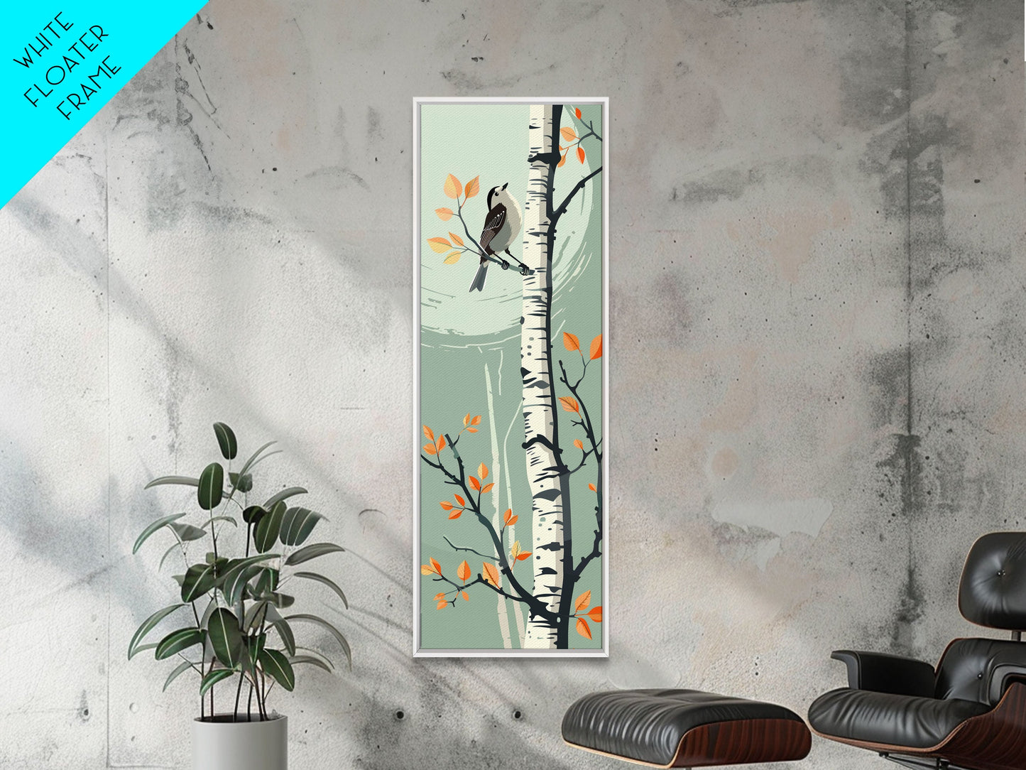Skinny Art Bird On Birch Tree In Japanese Style Wood Block Print Autumn Tones On Framed Canvas Print, Tall Art Ukiyo-e