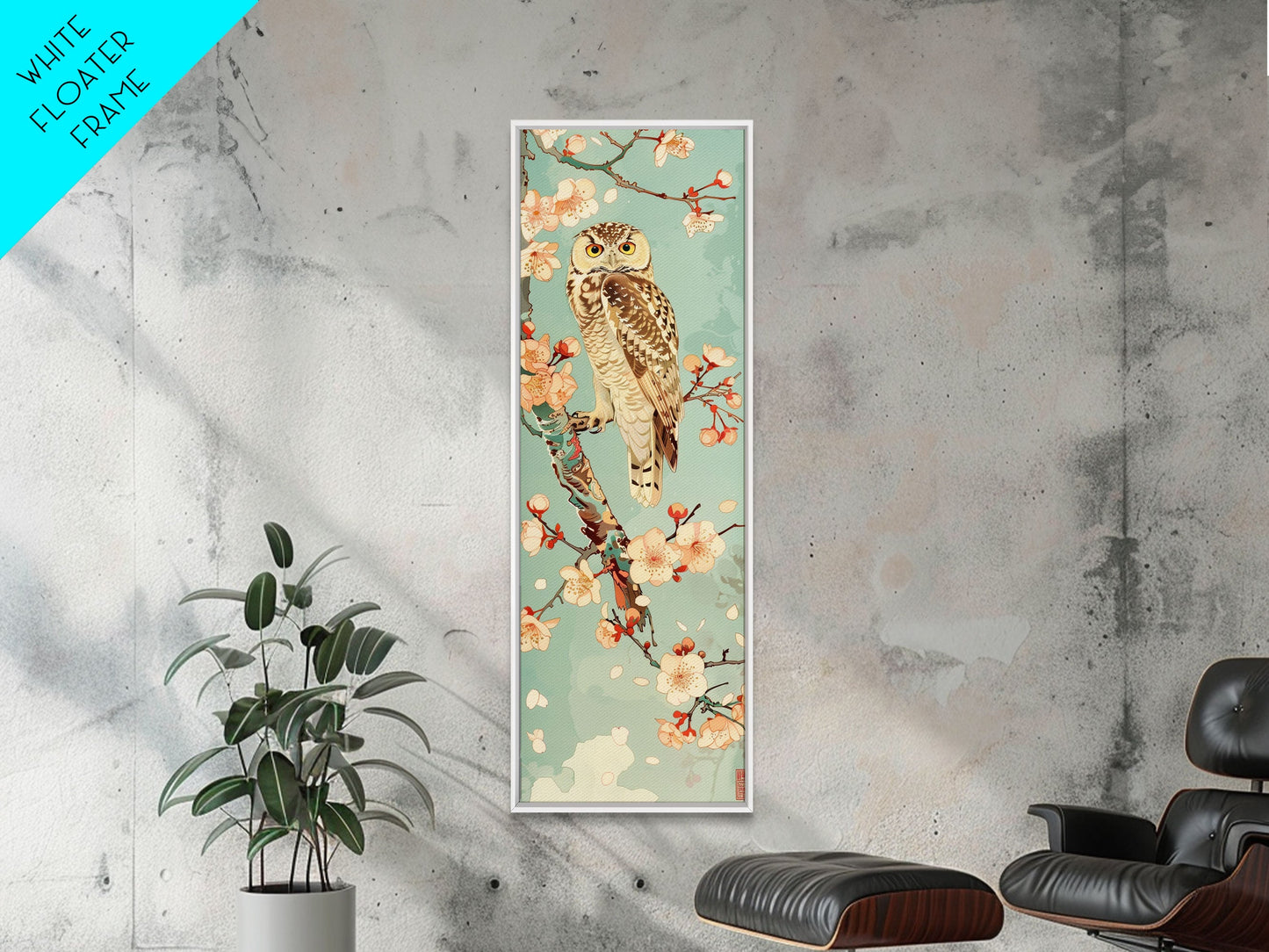 Owl Cherry Blossom Tree Traditional Japanese Tall Wall Art Skinny Framed Canvas Print Ukiyo-e Style