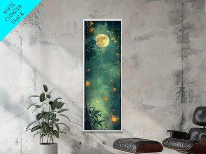 Enchanting Fireflies Illuminating Nighttime Forest Scene Under Full Moon Tall Framed Canvas Print Adding Magical Touch