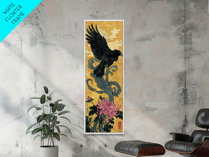 Canvas Print Japanese Eagle In Flight Over Chrysanthemum Flowers, Bold Traditional Art For Statement Wall Piece, Cultural Home Decor