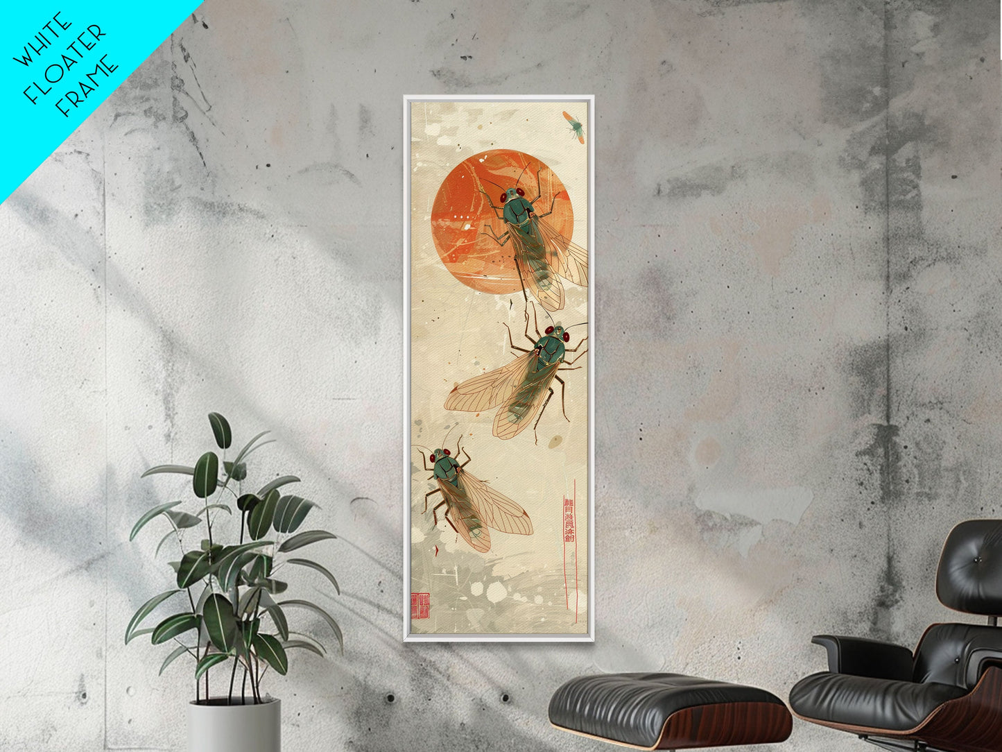 Detailed Depiction Of Cicadas Against Warm Sunset Background Ukiyo-e Skinny Tall Wood Block Framed Canvas Print Japanese Style Art