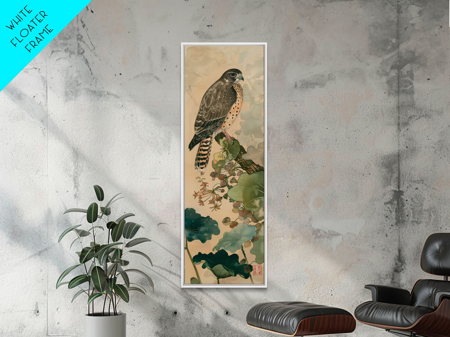 Majestic Hawk Perched Among Verdant Foliage Ukiyo-e Tall Skinny Wood Block Framed Canvas Print Japanese Style Art