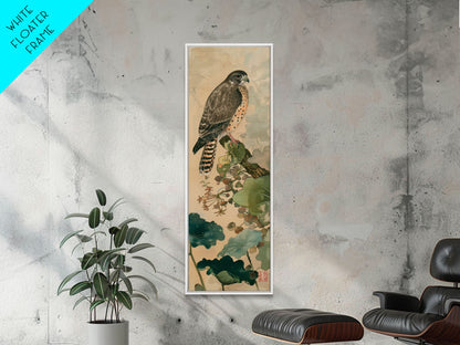 Majestic Hawk Perched Among Verdant Foliage Ukiyo-e Tall Skinny Wood Block Framed Canvas Print Japanese Style Art
