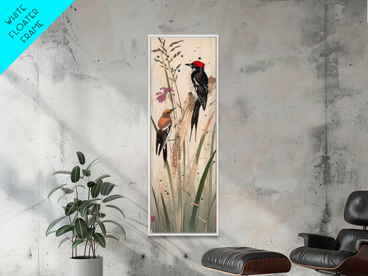 Detailed Woodpeckers Perched On Stems Amid Nature For Rustic Wall Art Ukiyo-e Japanese Style Art Skinny Framed Canvas Print