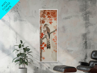 Majestic Hawk Perched Among Autumn Leaves, Framed Canvas Print In Skinny Tall Style, Japanese Style Art For Feng Shui Wall Art