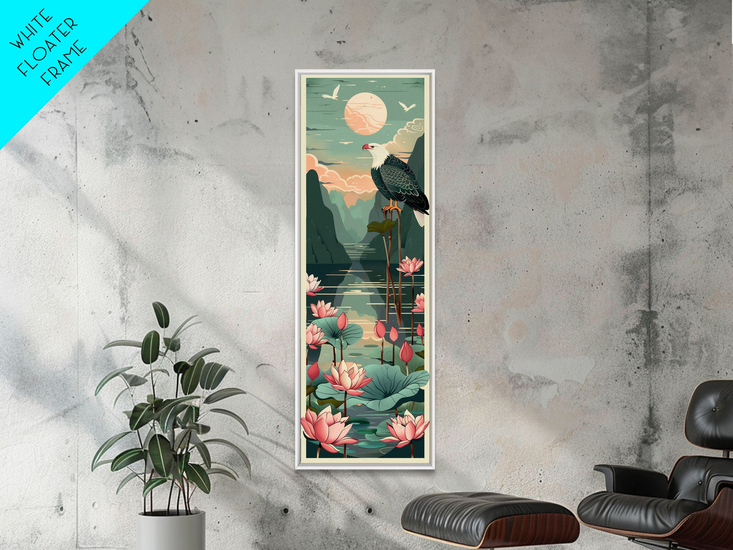 Majestic Eagle Over Lotus Pond Skinny Art Tall Art Japanese Ukiyo-e Inspired Nature Framed Canvas Print for Home and Office