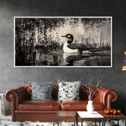 Loon Bird Art, Black and White Painting, Wildlife Wall Art, Rustic Decor, Framed Canvas Print, Lake House Art, Nature Lover Gift