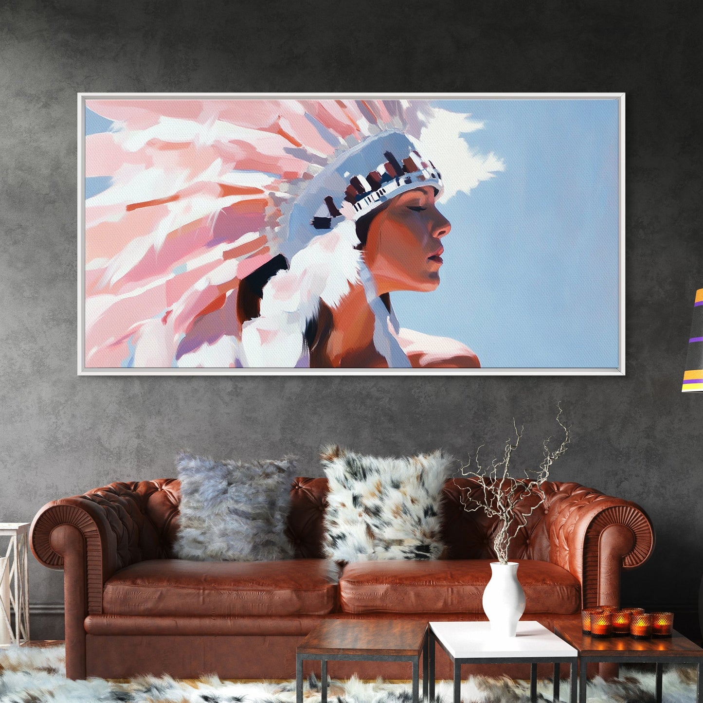 Native American Art, Woman in Headdress, Southwest Wall Art, Cultural Portrait, Framed Canvas Print, Extra Wide Art, Rustic Decor