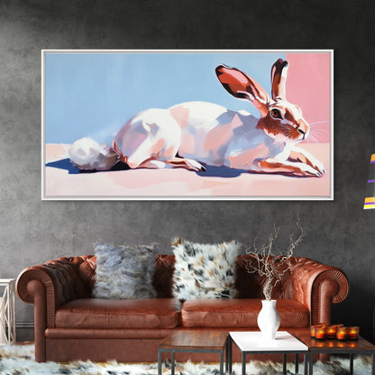 Jackrabbit, desert wildlife, whimsical art, framed canvas print, pink wall art, gift idea, light pink wall art, above sofa art