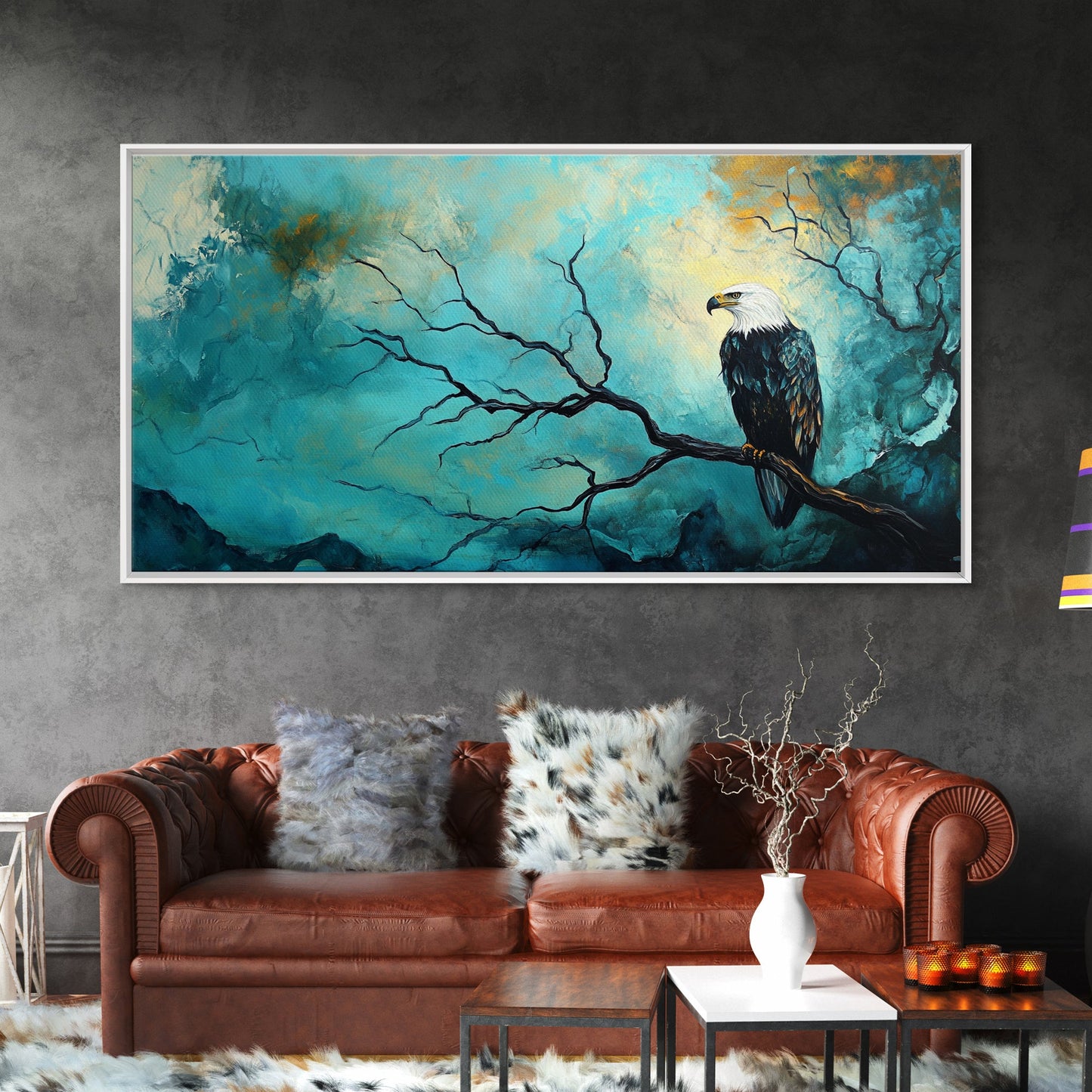 Eagle, Moody Art, Dark Romance Painting, Nature Painting, Rustic Wall Art, Above Sofa Art, Extra Wide Art, Framed Canvas Print, Wildlife Art