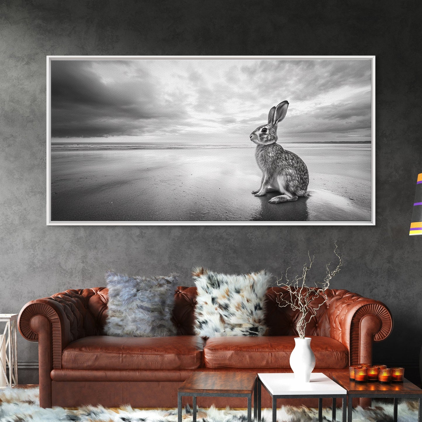 Rabbit Beach, whimsical art, coastal decor, animal painting, nature wall art, moody art, soft neutral tones, beach photography, Canvas Print
