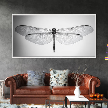 Dragonfly, line art, minimalist art, black and white art, nature painting, botanical prints, extra wide art, framed canvas print