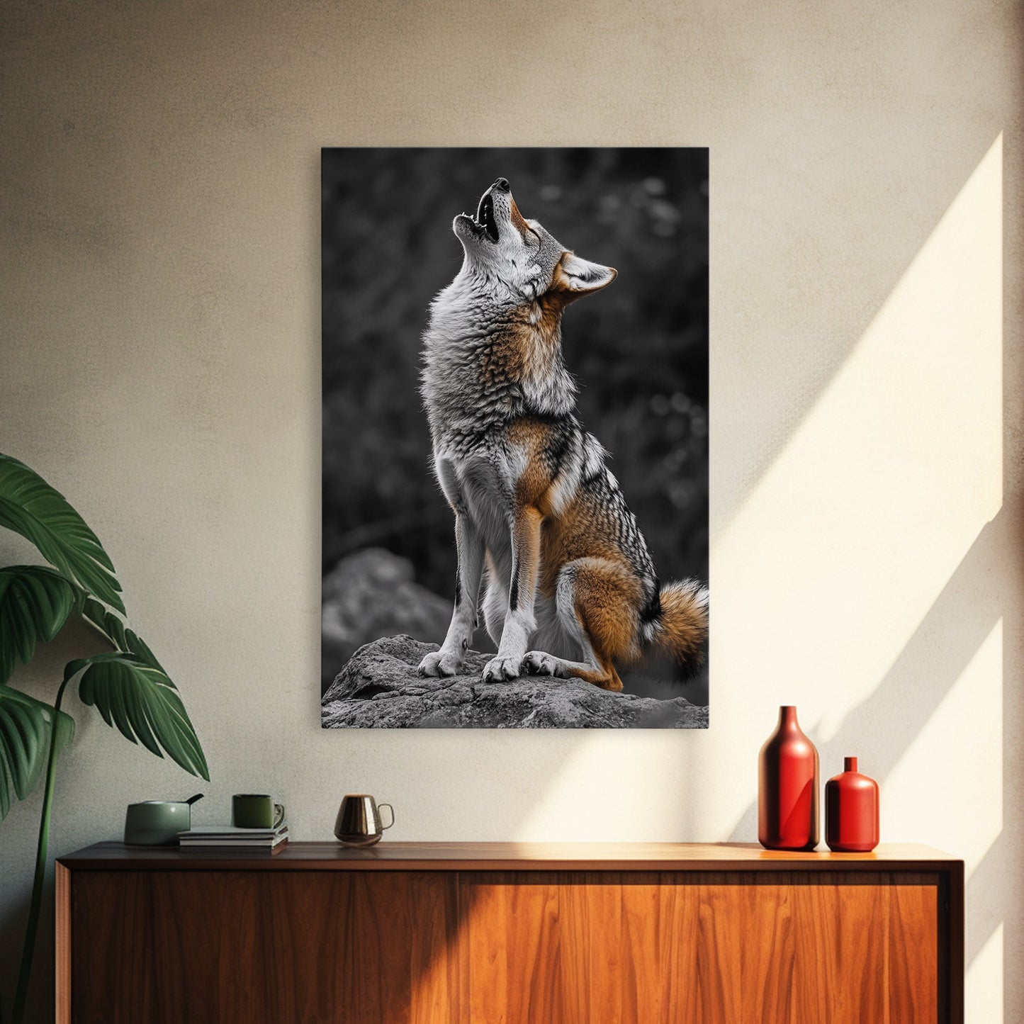Howling Coyote, Wildlife Art, Southwest Wall Art, Moody Art, Rustic Wall Art, Nature Art, Framed Canvas Print, Gift Idea