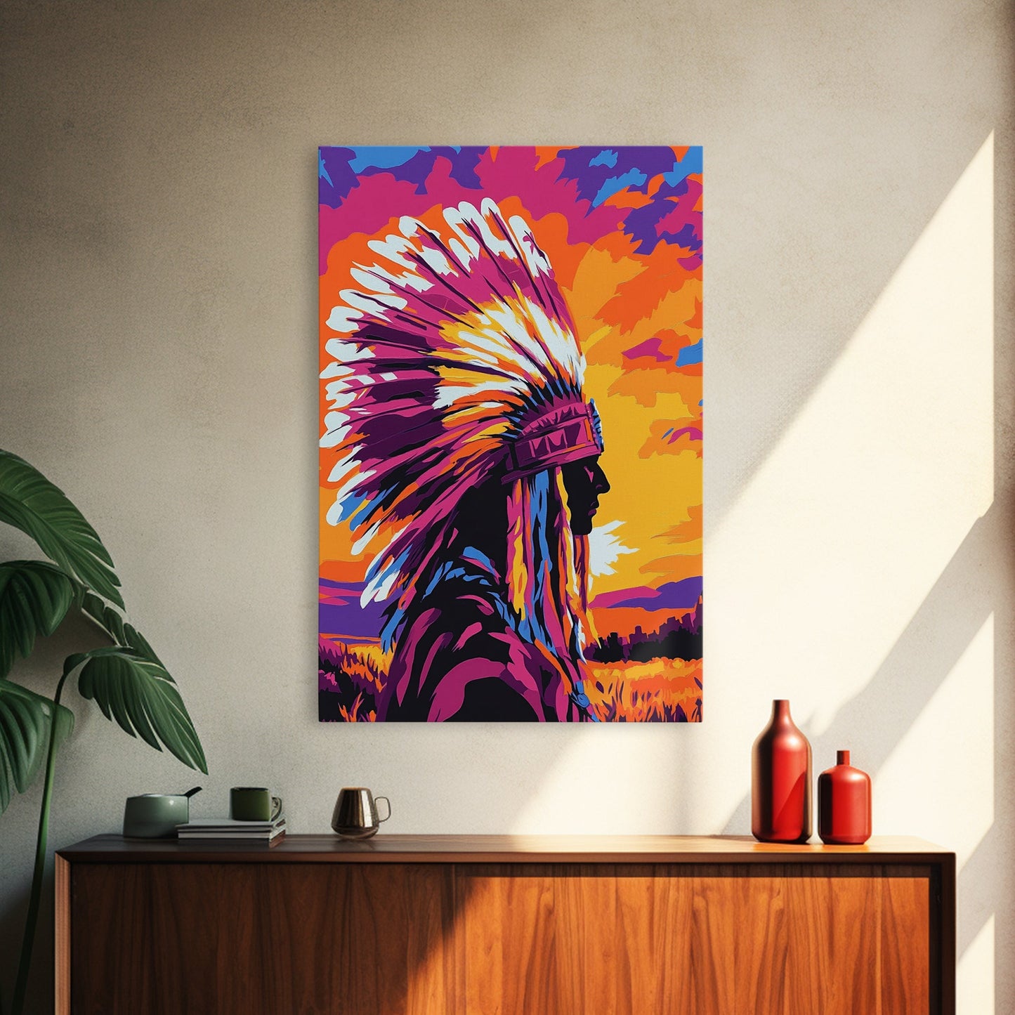 Native American Art, Bold Color Painting, Southwest Wall Art, Framed Canvas Print, Rustic Decor, Moody Art, Extra Wide Art, Gift Idea