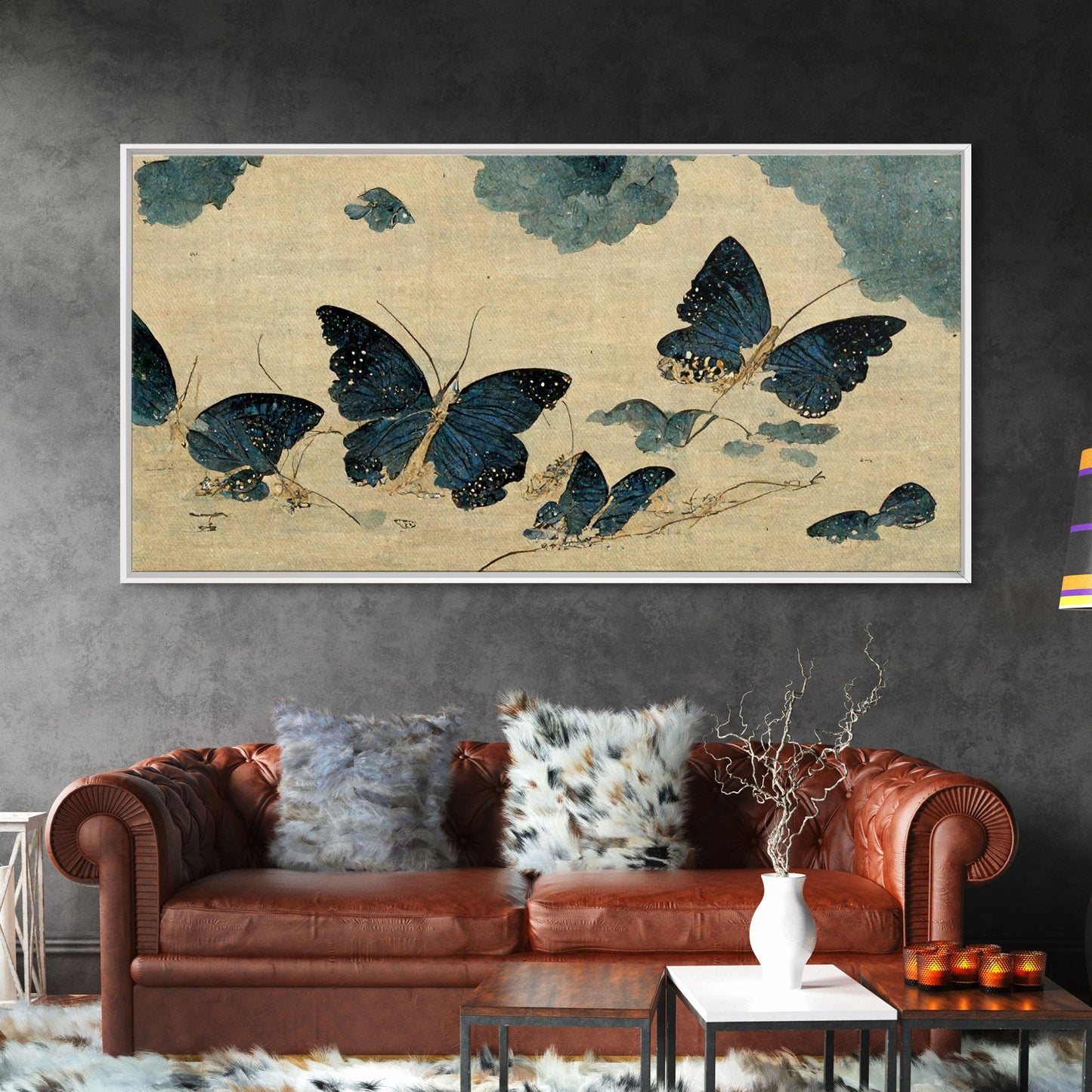 Retro Japanese Style Butterflies Wall Art, Framed Canvas Print, Framed Wall Art, Blue butterfly Art