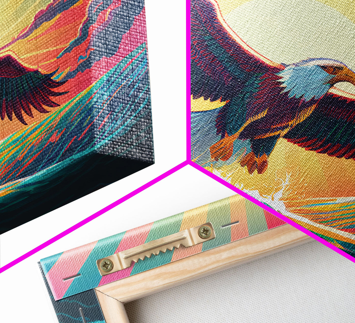 Retrowave bald eagle, pastel sunset, framed canvas print