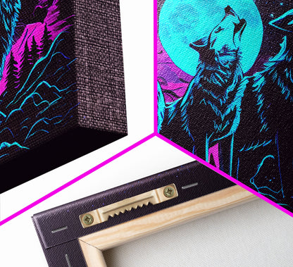 Howl at the moon - turquoise wolf pack howling at the moon, framed canvas print, vaporwave art