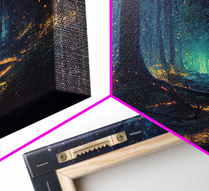 The magical enchanted forest is lit brightly with fireflies at night, framed canvas print, fantasy art