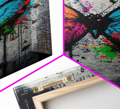 Graffiti Butterfly Art, Framed Canvas Print, Large Wall Art, Contemporary Punk Art, Butterflies, Pop Art, Paint Splatter Art