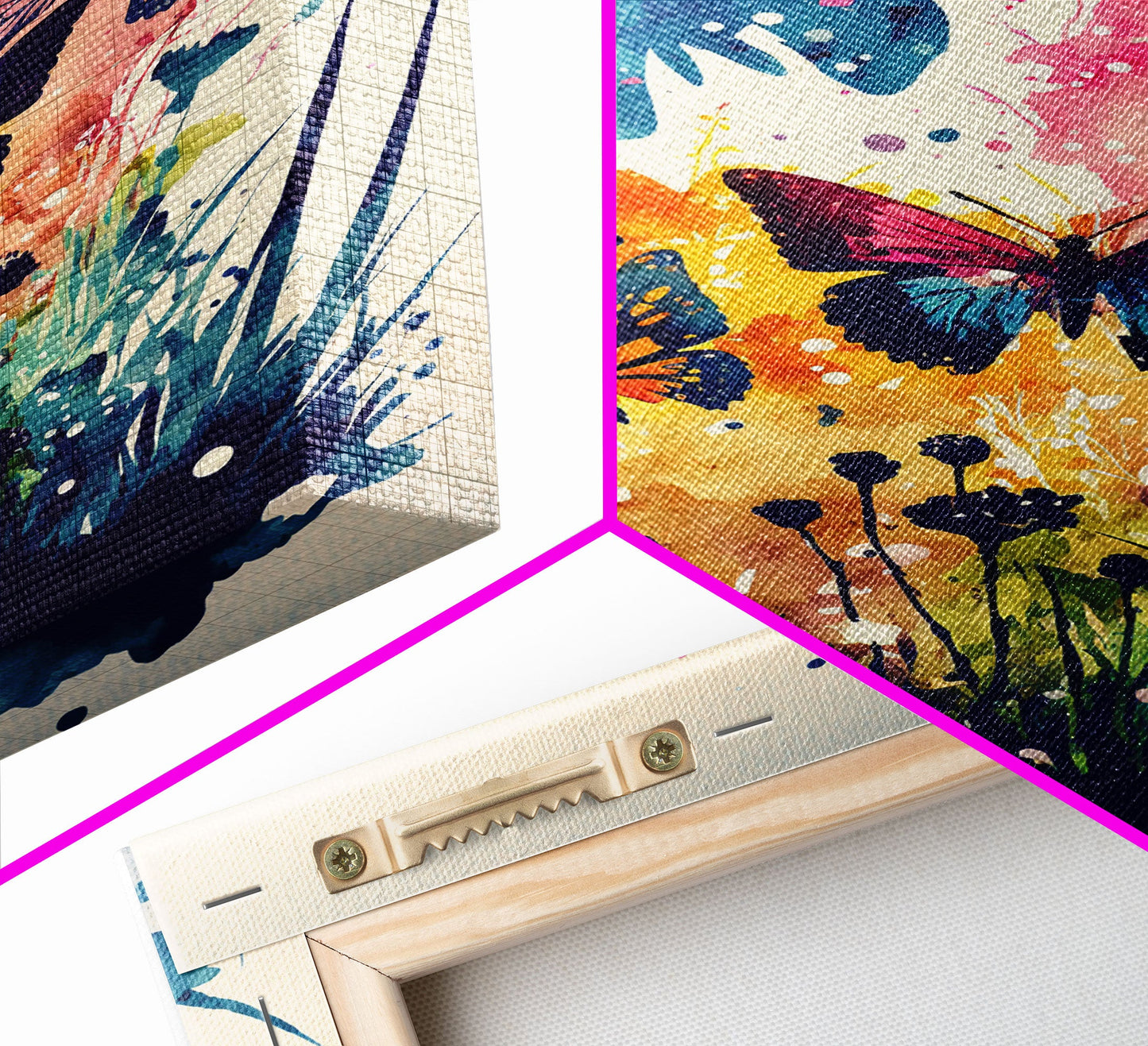 Watercolor Painting Of Butterfly and Wild Flowers, Framed Canvas Print, Colorful Living Room Wall Arrt