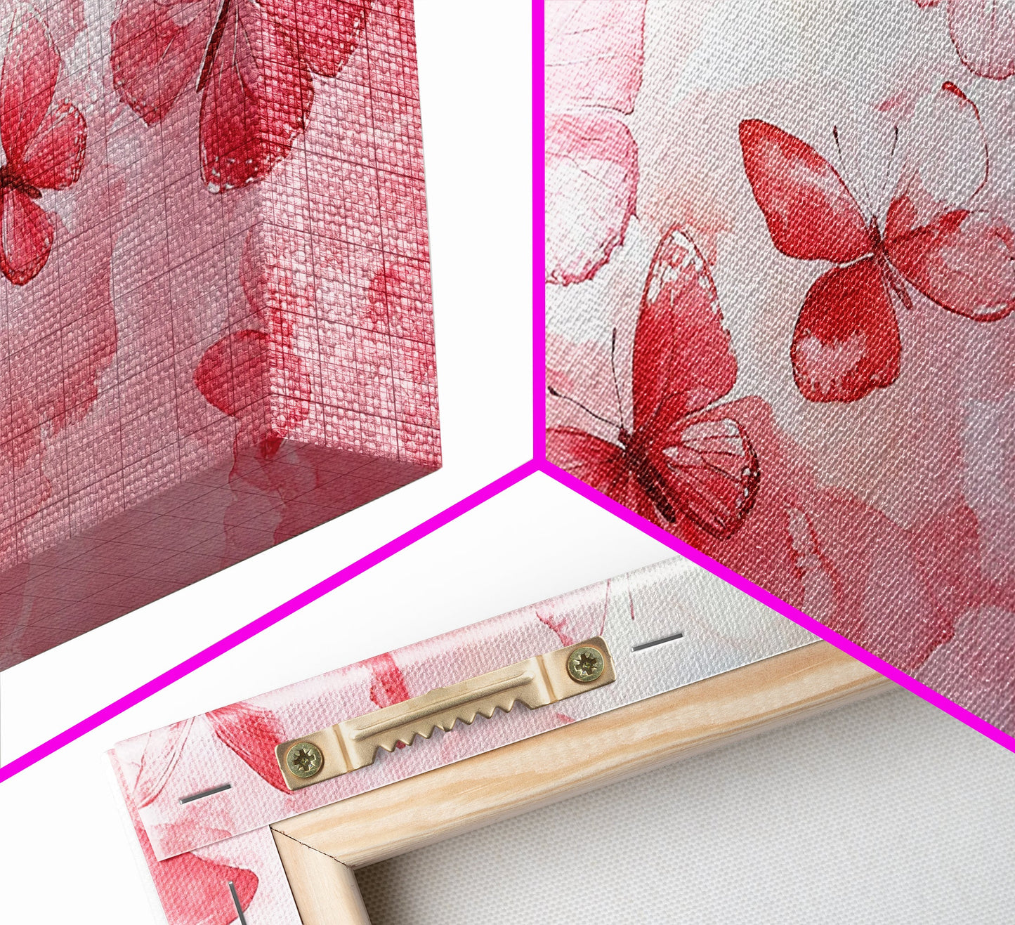 Pink Butterfly Collection Illustration in Whimsical Wall Art Style on Framed Canvas Print, Feminine Bedroom or Living Room Decor